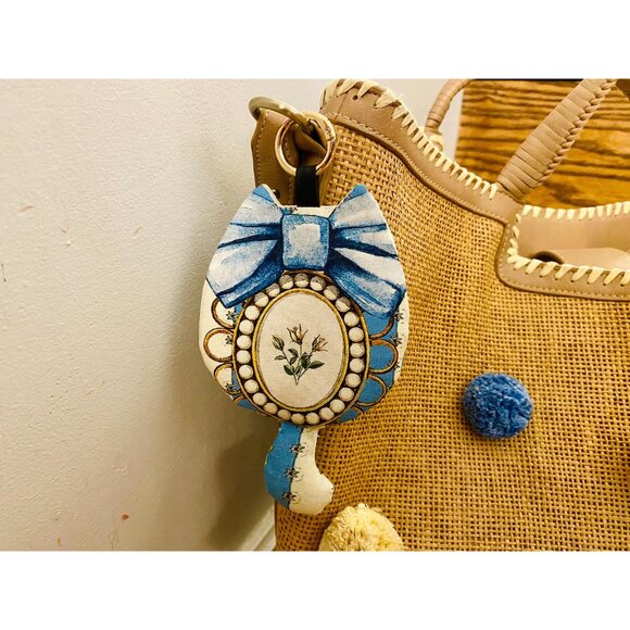 Handmade Mini Cat Pouch with Ring: Girl & Bunny Print, Vintage Style - Picture 2 of 5